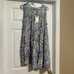 Floral Sleeveless Dress - Blue and Red